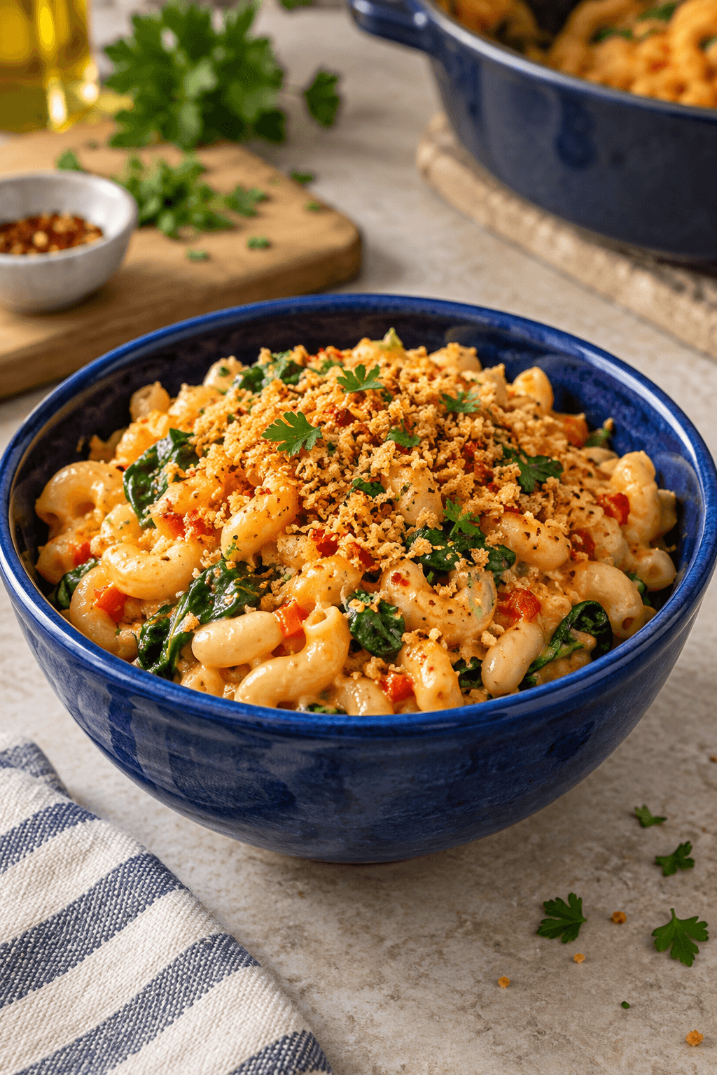 Macaroni med peberfrugtsauce, hvide bønner, spinat og majs-chiliknas i én blå skål