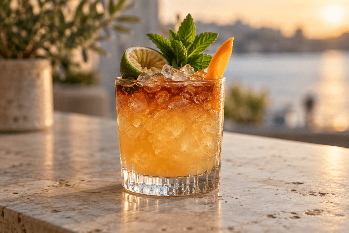 Gylden Mai Tai med mørk rom-float, knust is, lime, mynte og appelsin