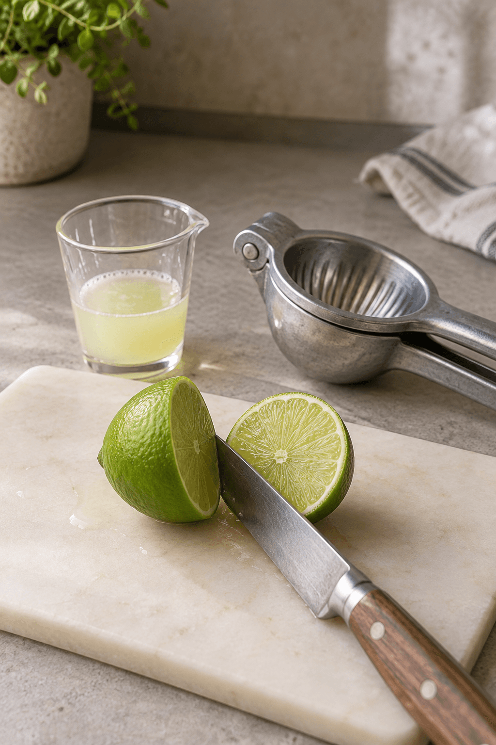 Frisk lime skæres og presses til Mai Tai i ét måleglas
