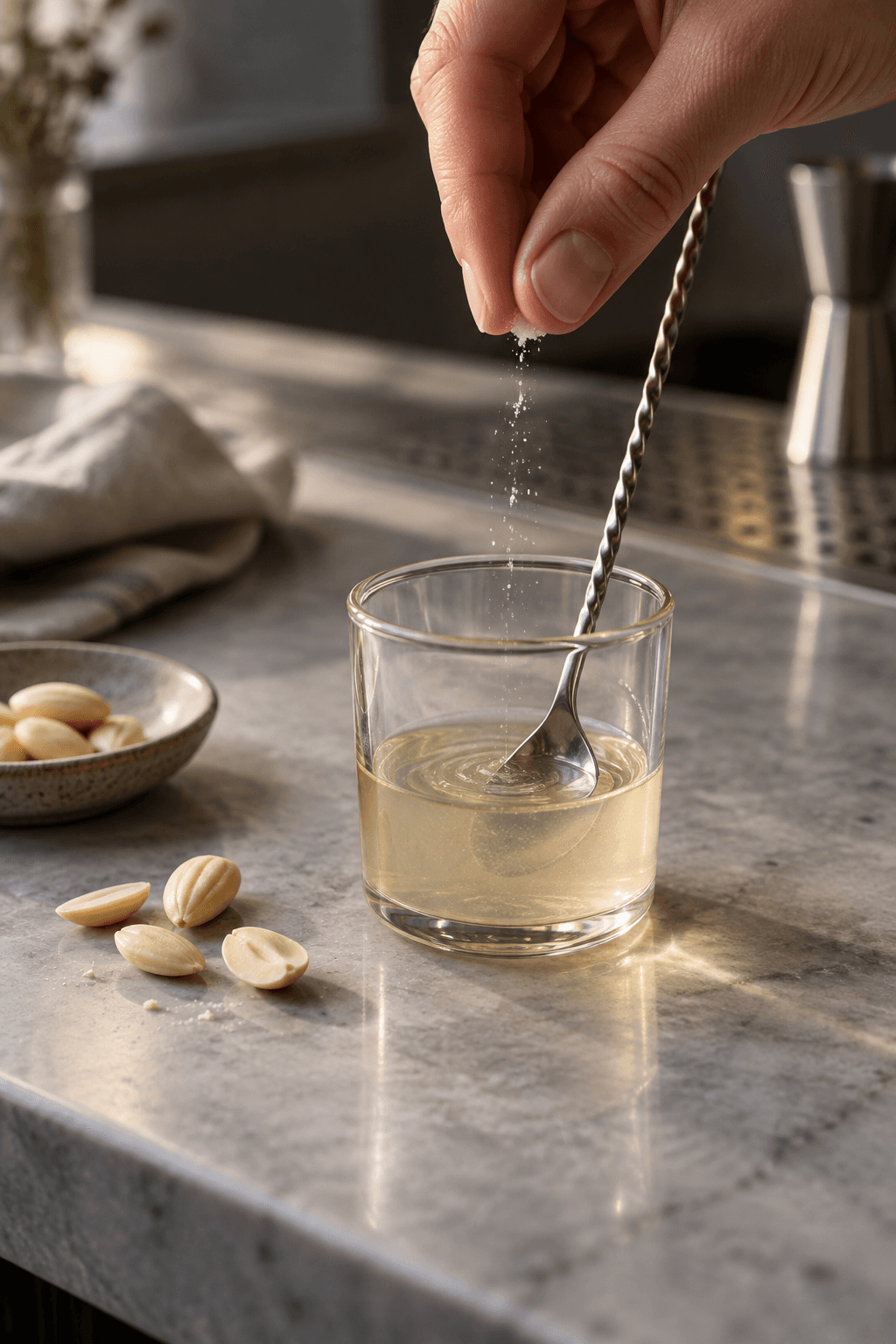 Mandelsirup røres med en knivspids salt i ét lille glas