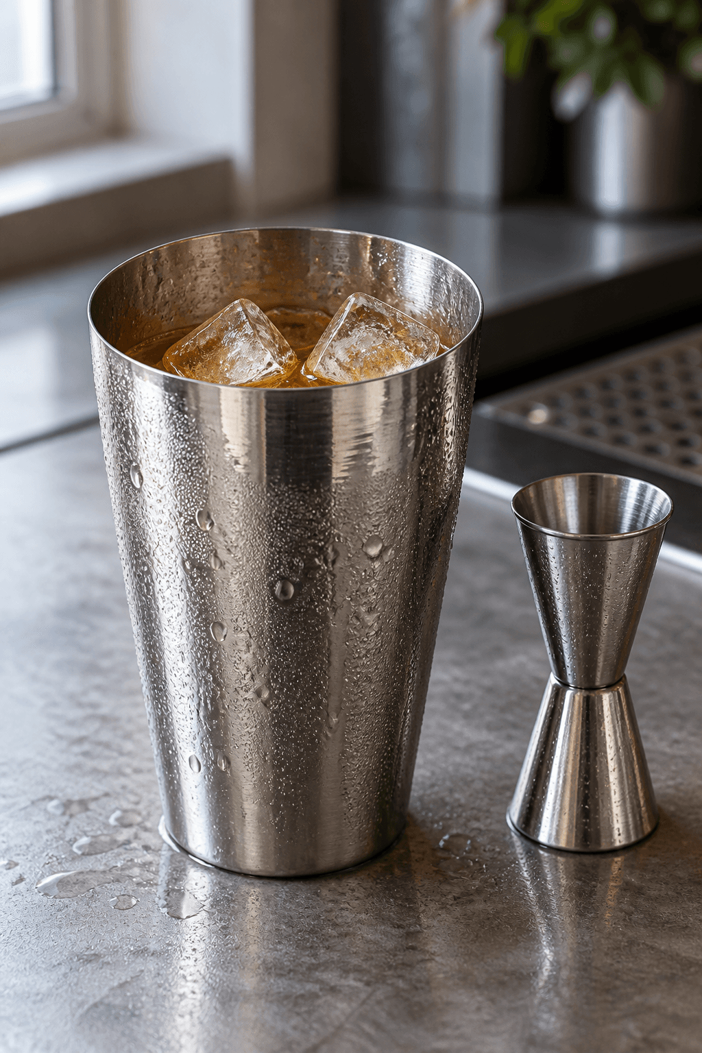 Ravfarvet Mai Tai-base shakes med store isterninger i én shaker
