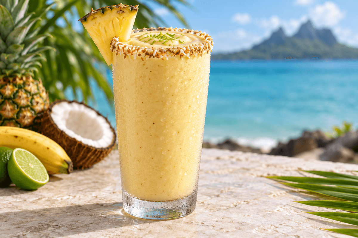 Malibu Dream Shake med ananas, kokos, banan, lime og ristet kokoskant