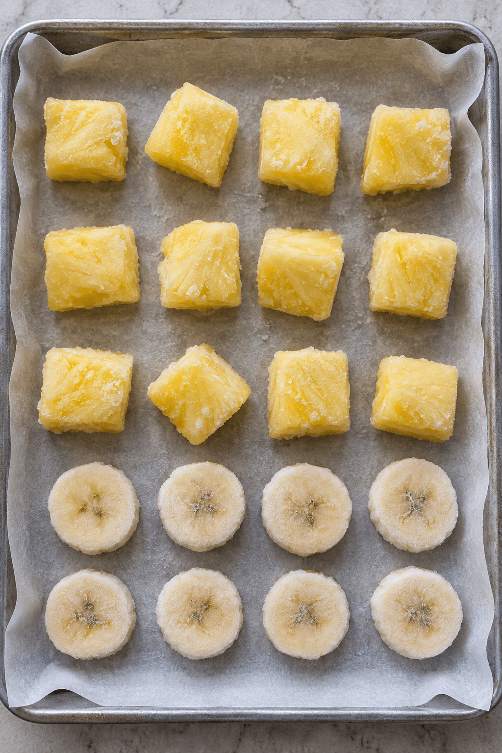 Tolv frostede ananastern og otte bananskiver på en frysebakke