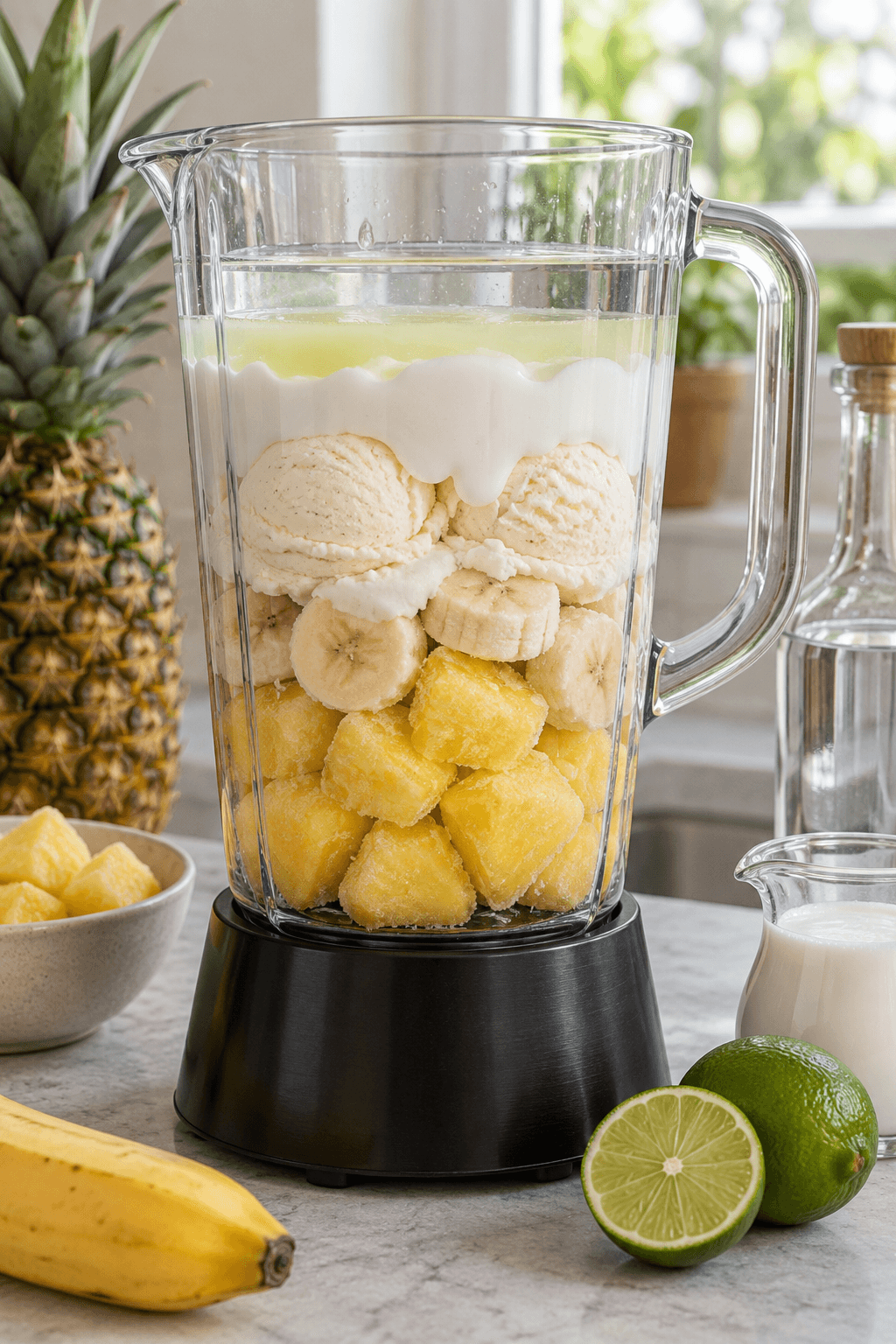 Ananas, banan, vaniljeis, kokosmælk, lime og kokosrom lagt i blender