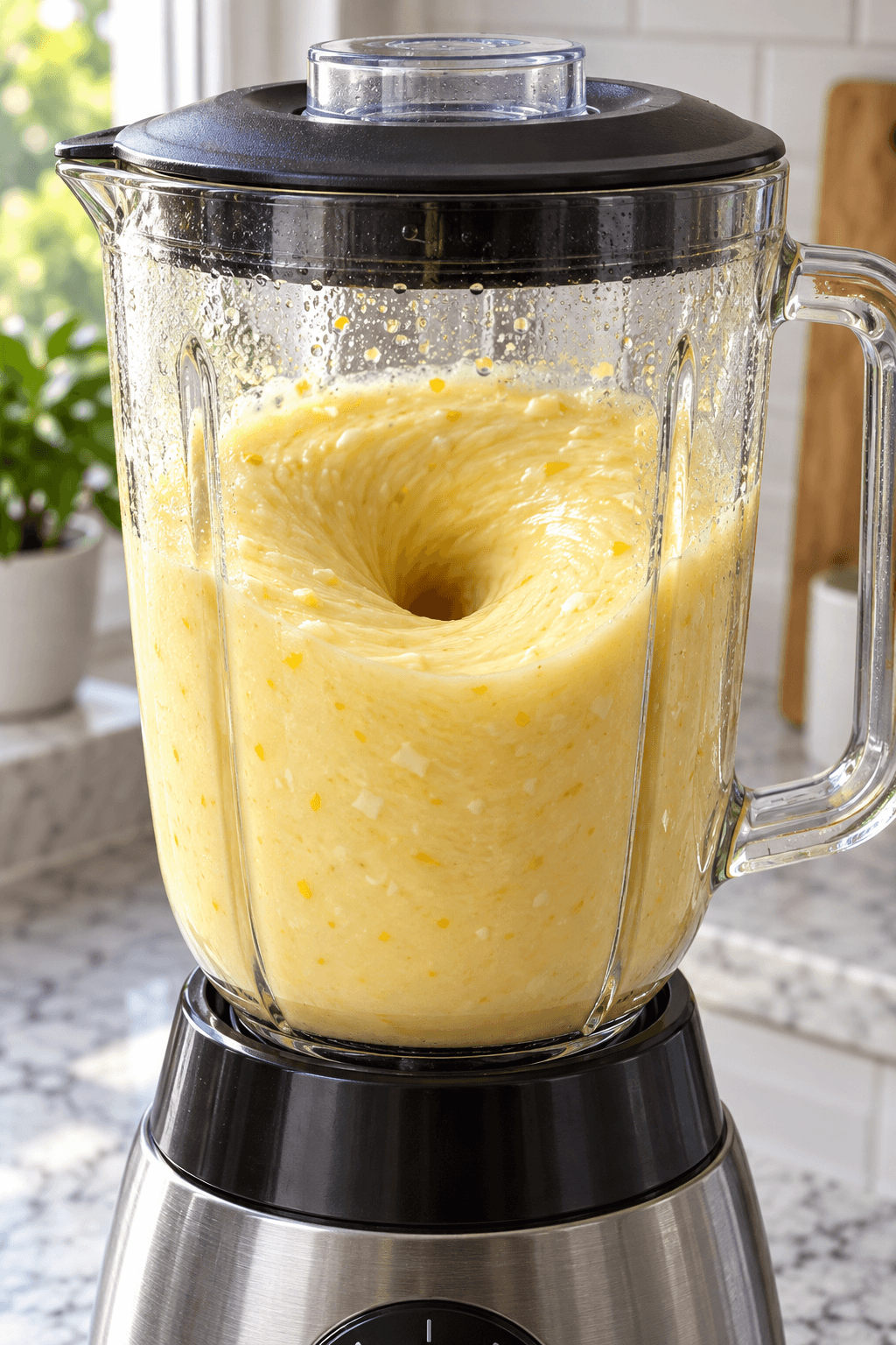 Lysegul ananas-kokosshake blendes til en glat hvirvel