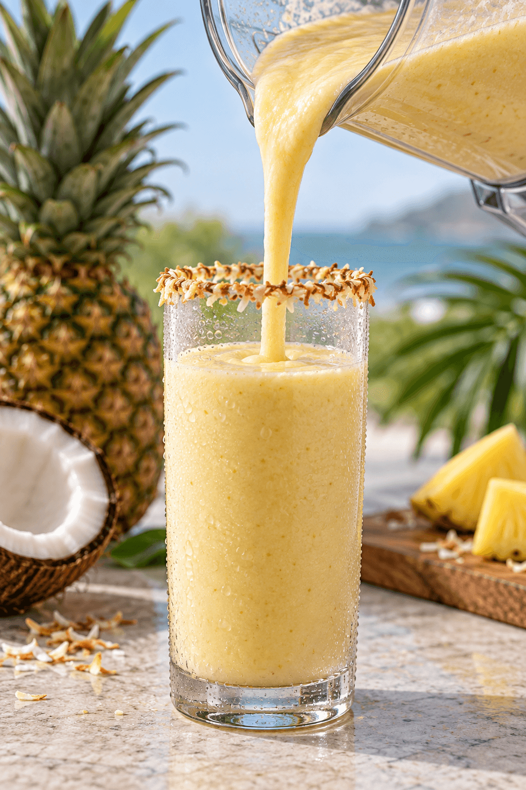 Tyk ananas-kokosshake hældes i et koldt glas med ristet kokoskant
