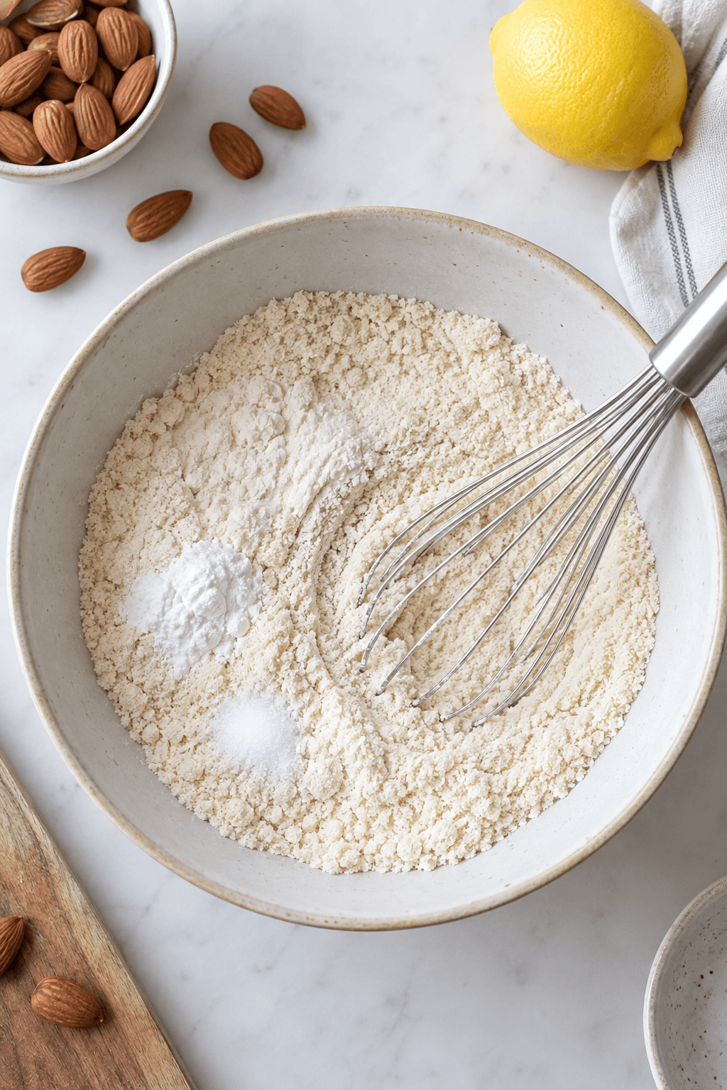Mandelmel, kokosmel, bagepulver og salt blandes jævnt