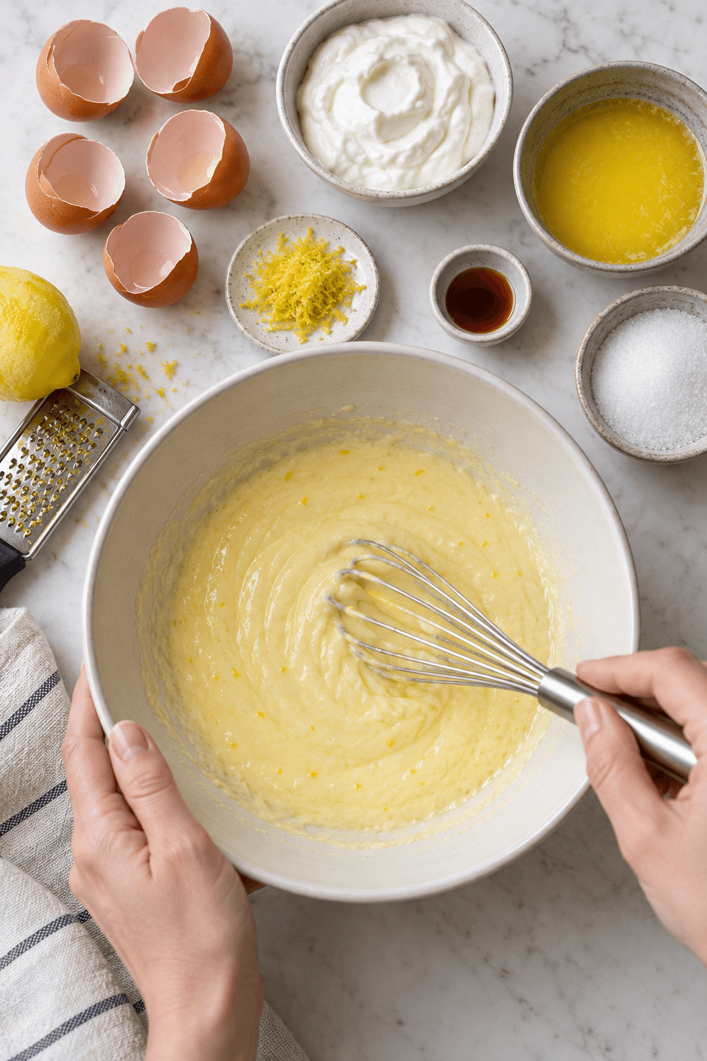 Æg, skyr, smør, erythritol og citronskal piskes sammen