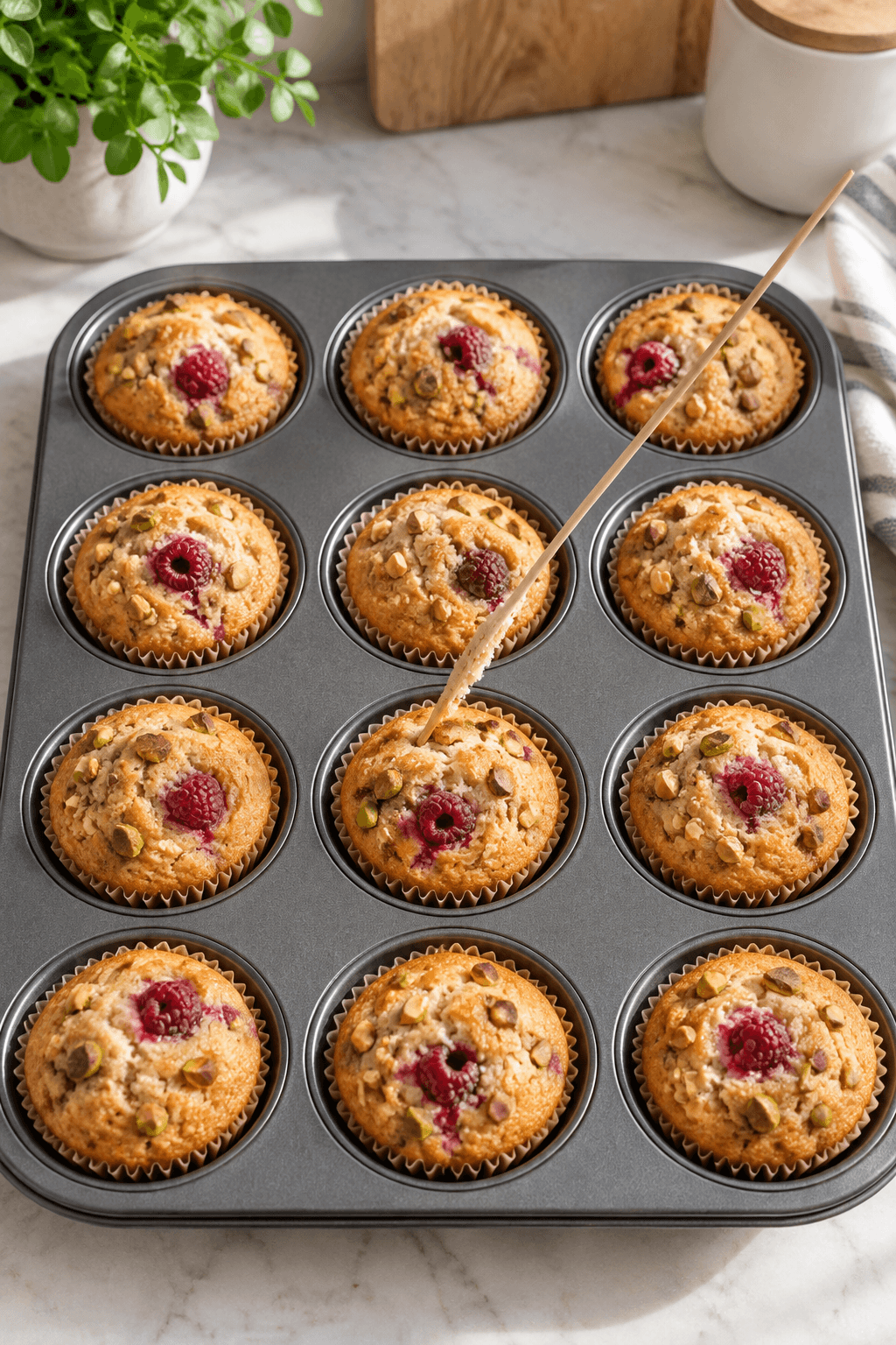 Tolv gyldne mandelmuffins testes med træpind efter bagning