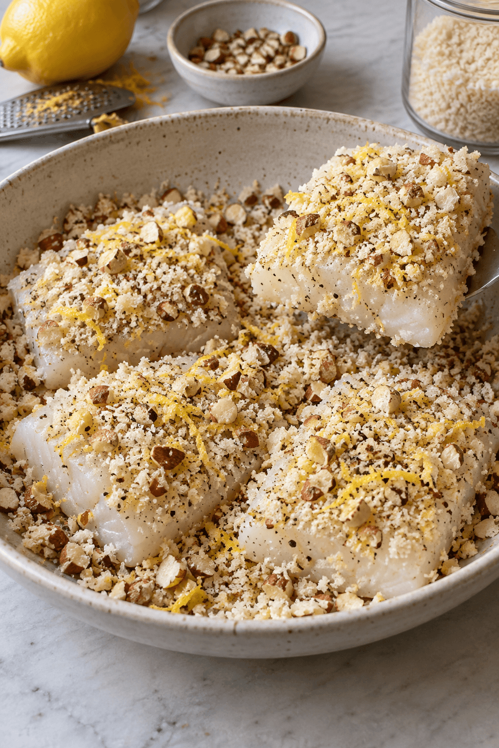 Fire rå fiskestykker dækkes med mandler, panko og citronskal