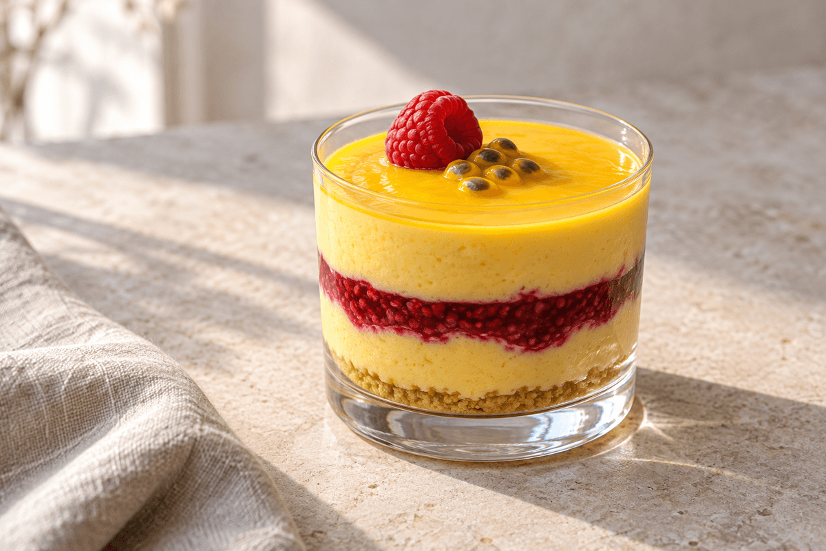 Mango-passionsmousse med hindbærlag og sprød havrebund i ét glas