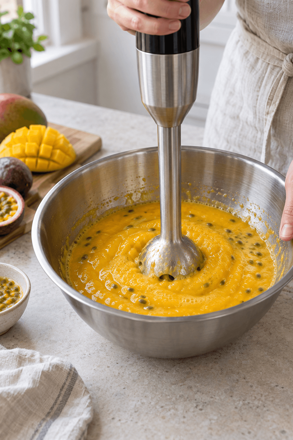 Mango og passionsfrugtpuré blendes til en glat moussebase