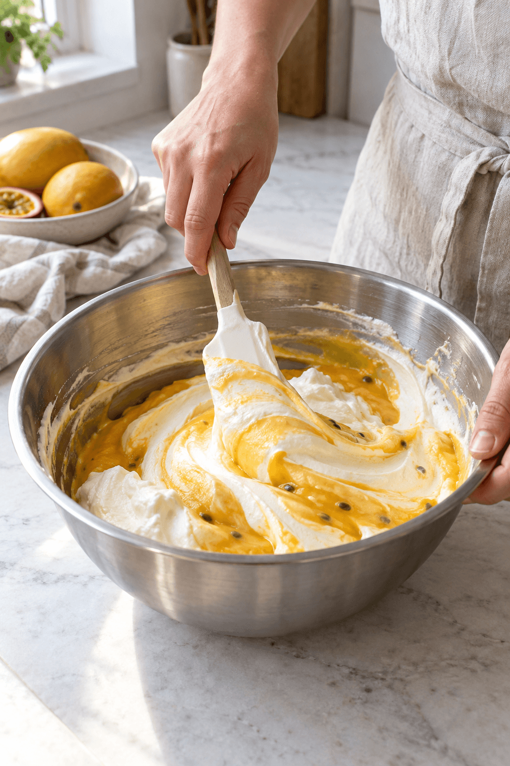Blødt pisket fløde foldes i mango-passionsbasen