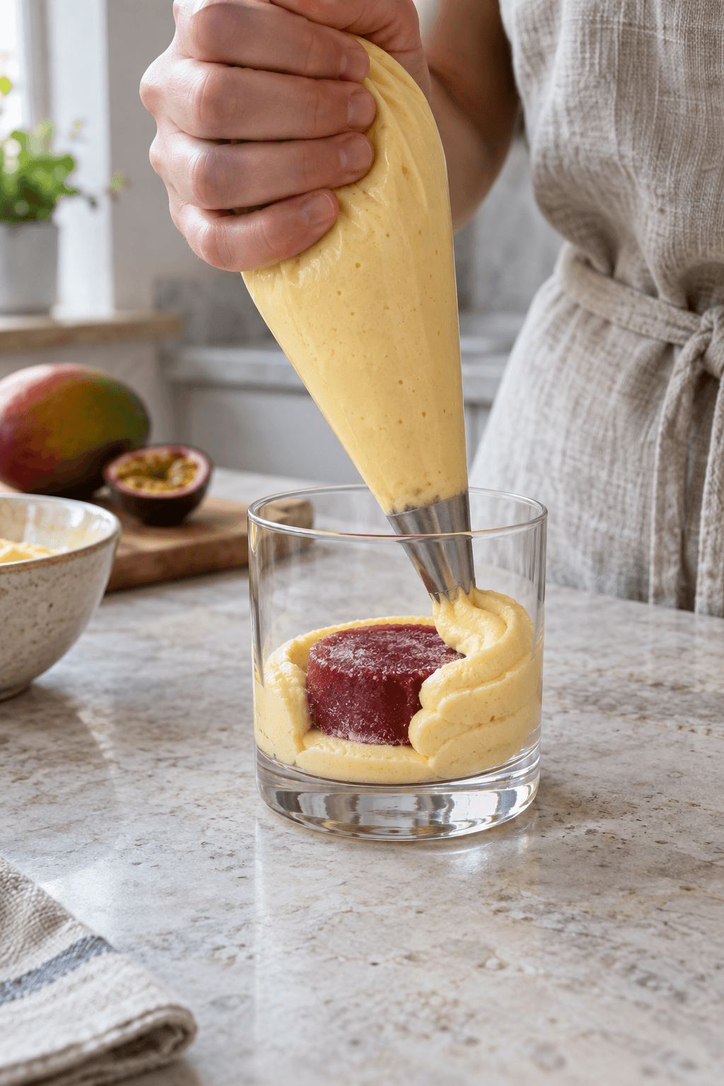 Mango-passionsmousse sprøjtes omkring en frossen hindbærkerne