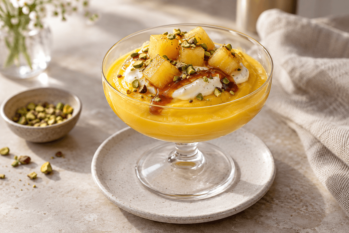 Mangomousse med kardemommeyoghurt, tamarind, fem ananastern og pistacie