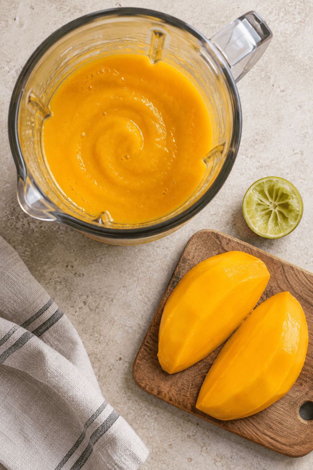 Glat mangopuré i blender med to mangokinder og en halv lime