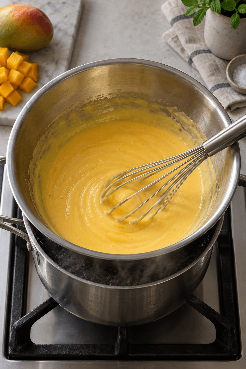 Mangocreme piskes i én metalskål over ét vandbad