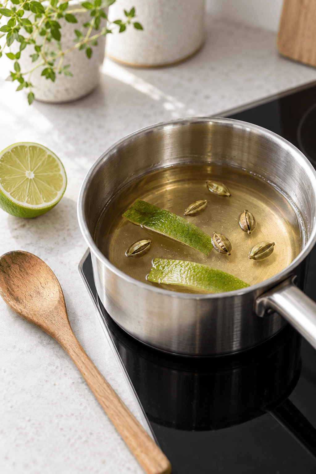 Klar sirup med seks kardemommekapsler og to limeskaller i én gryde
