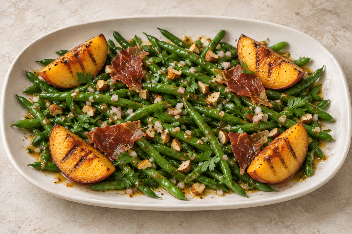 Marinerede haricots verts med grillede ferskner, sprød serranoskinke, mandler og sherryvinaigrette