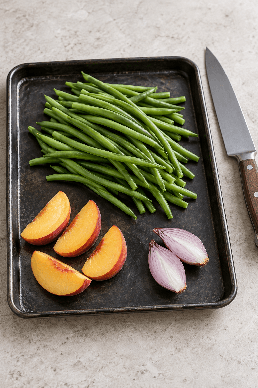 Nippede rå haricots verts, fire ferskenbåde og et halveret skalotteløg på en bakke