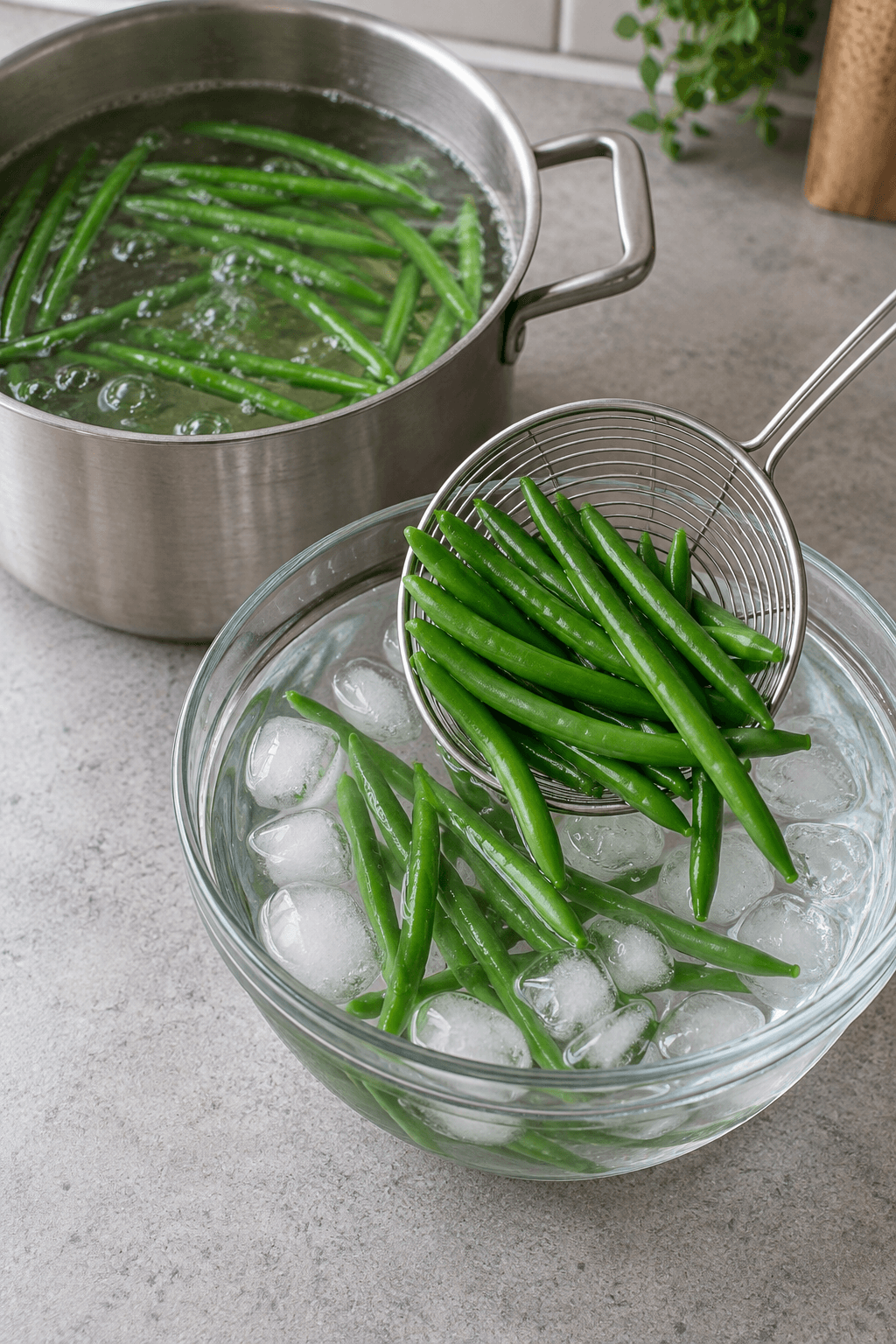 Klart grønne haricots verts løftes fra kogevand direkte over i isvand