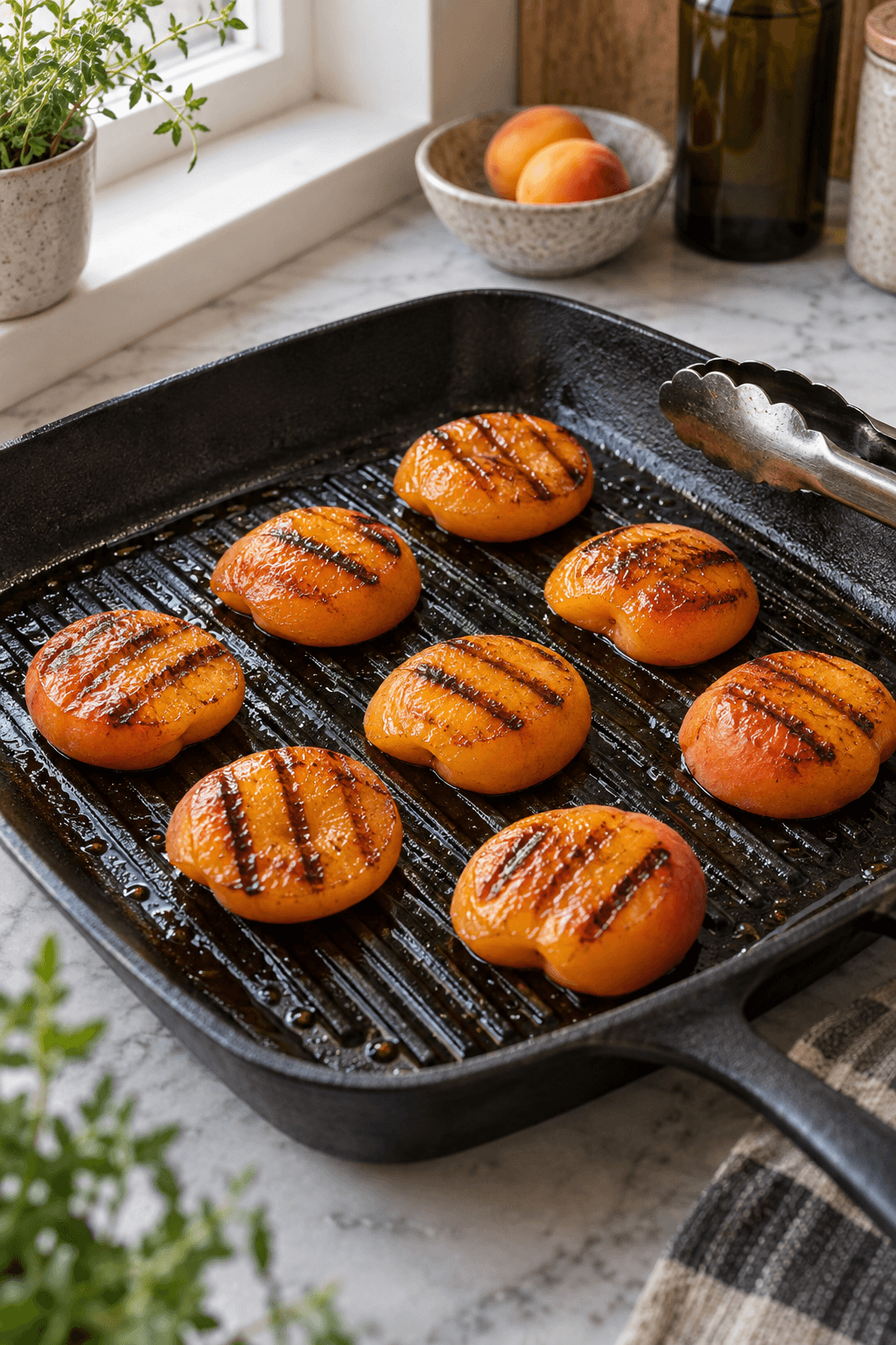 Otte abrikoshalvdele grilles med tydelige mørke grillstreger