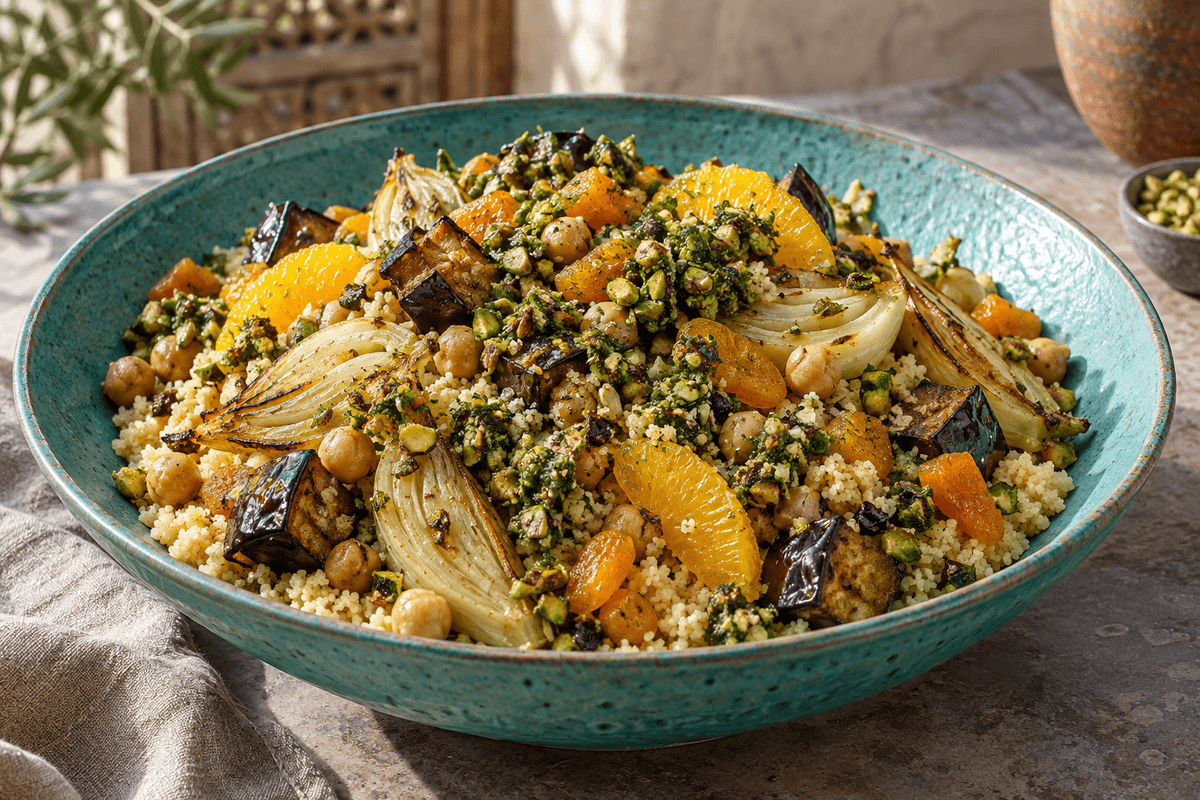 Marokkansk couscous med appelsin-harissa, fennikel, aubergine, kikærter og pistacie-chermoula