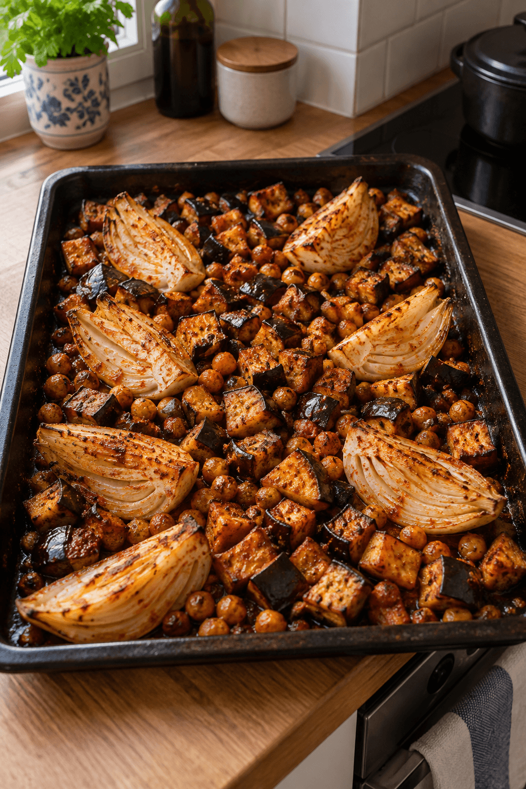 Otte fennikelbåde, auberginetern og kikærter med harissa på én bageplade