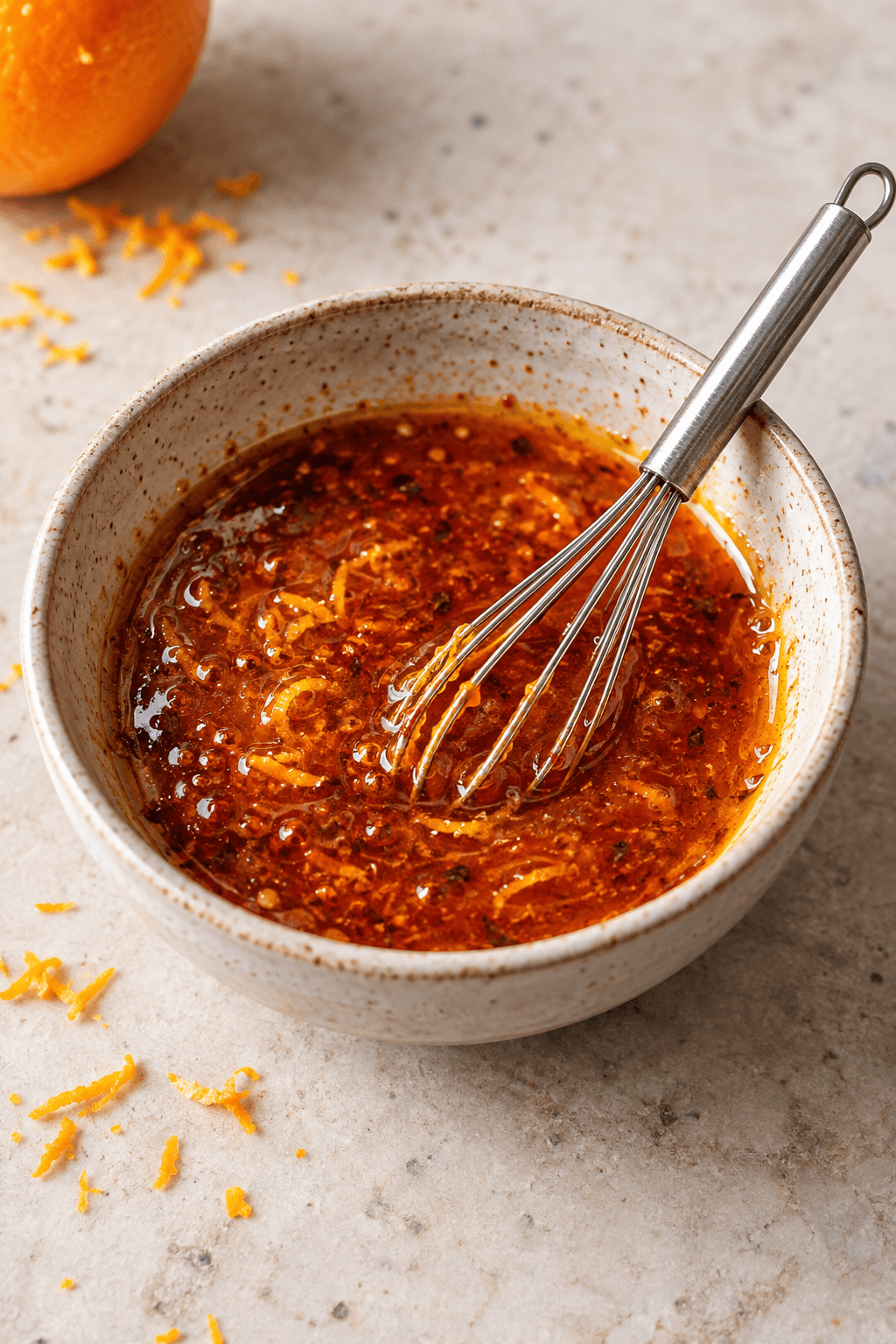 Blank orange appelsin-harissaglace piskes i én lille skål