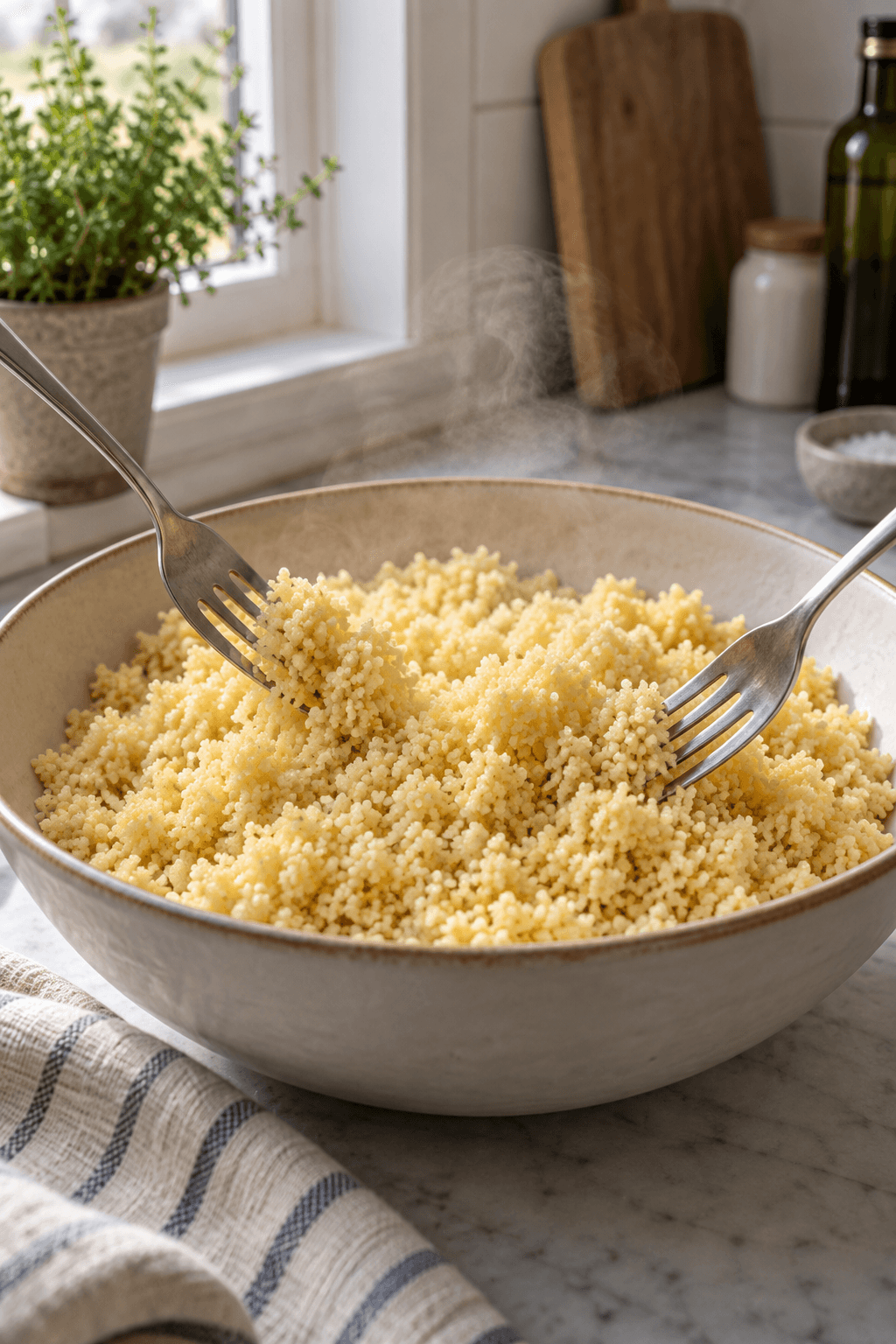 Gylden couscous løsnes med præcis to gafler i én bred skål