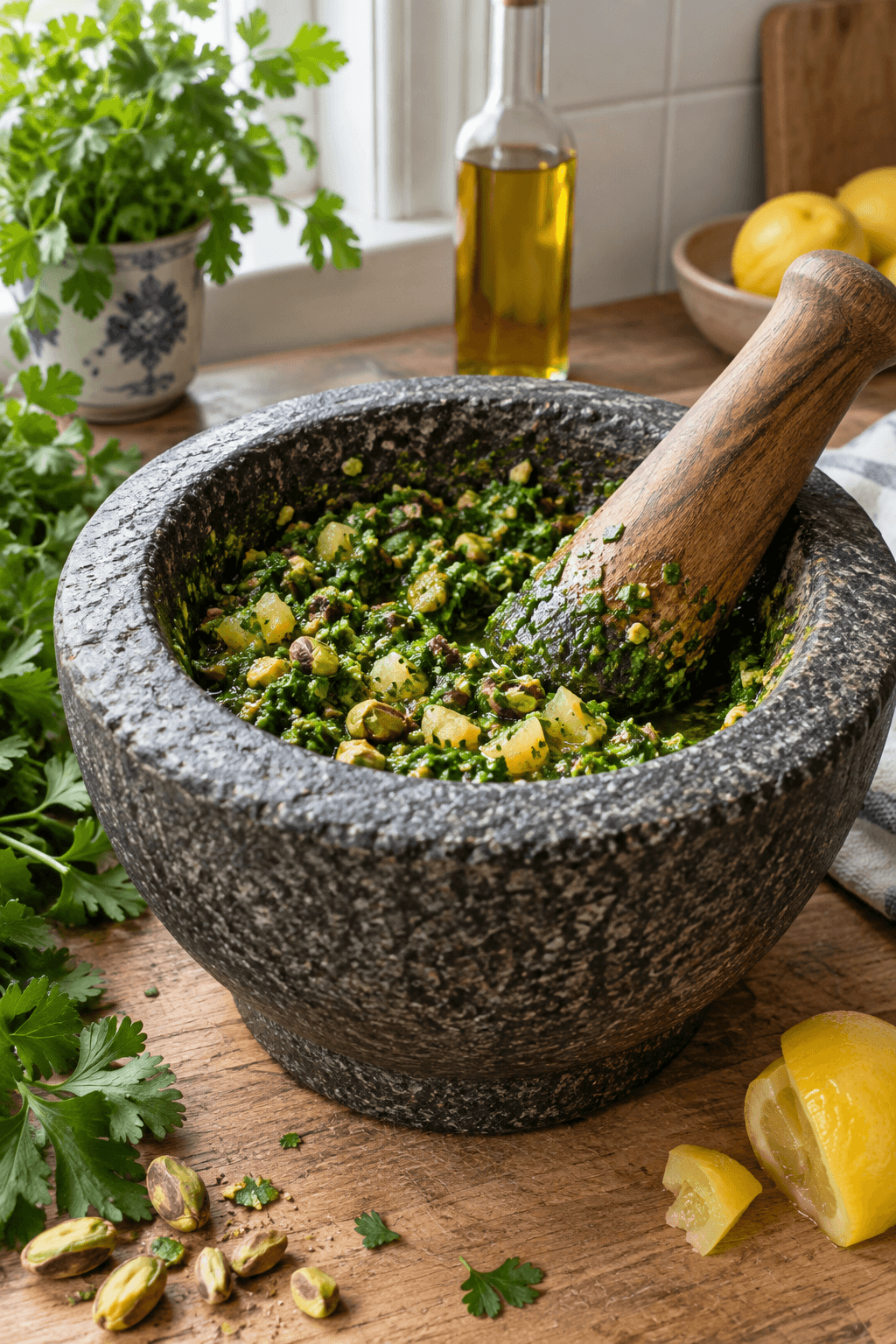 Grov grøn chermoula med pistacier og syltet citron i én stenmorter