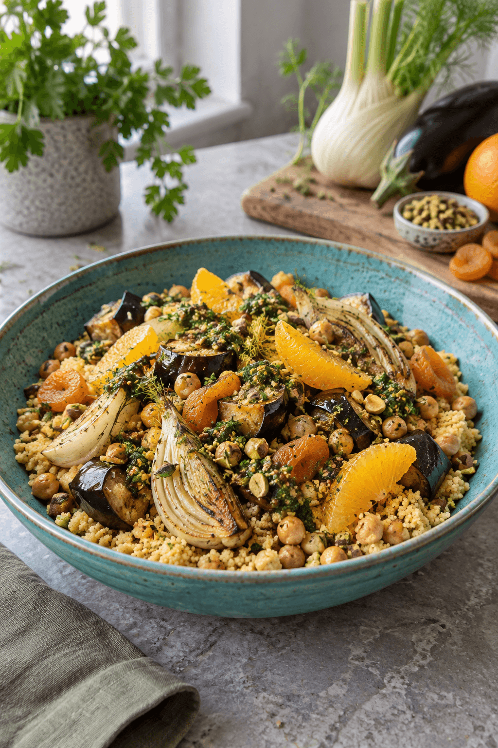 Marokkansk couscous med fennikel, aubergine, kikærter, appelsin og chermoula i én turkis skål