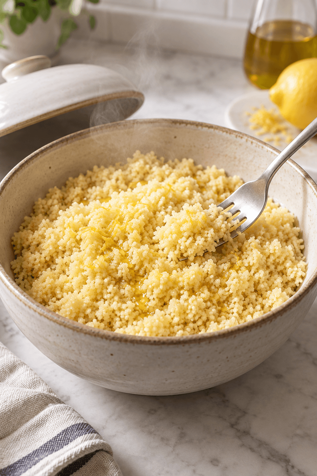 Hydreret couscous løsnes med en gaffel og citronolie