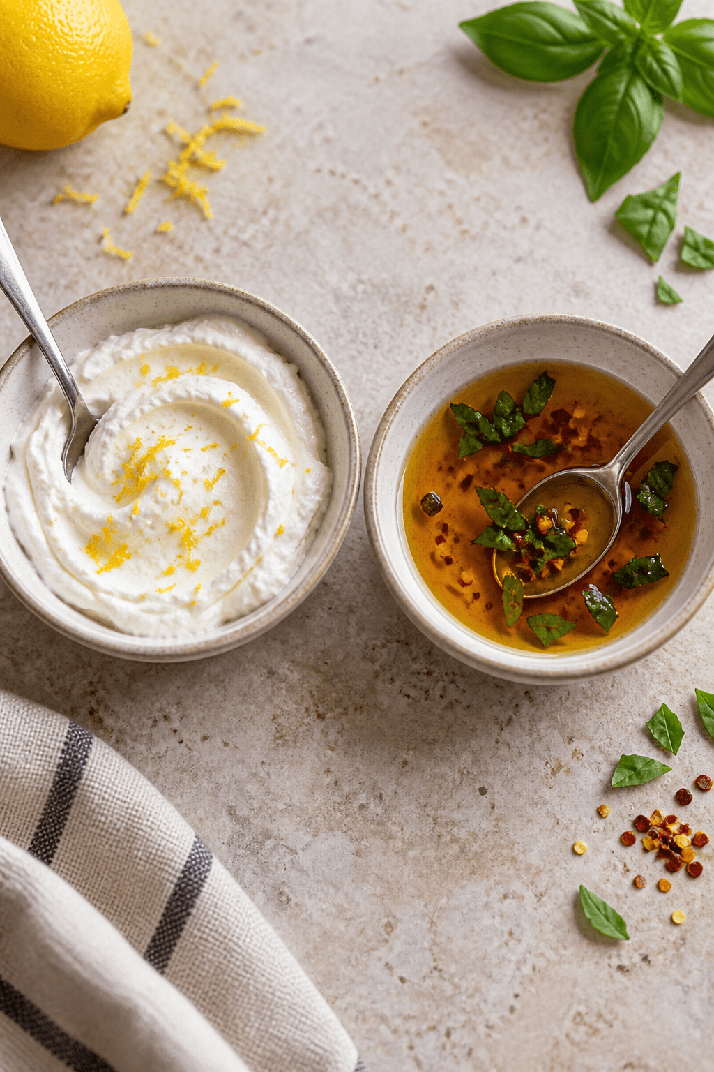 Citronlabneh og chili-basilikumhonning røres i to separate skåle