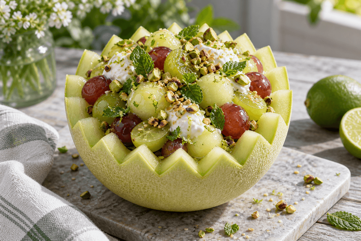 Melonskål med lime-ingefærdruer, kokos-skyr og pistacie-sesamknas