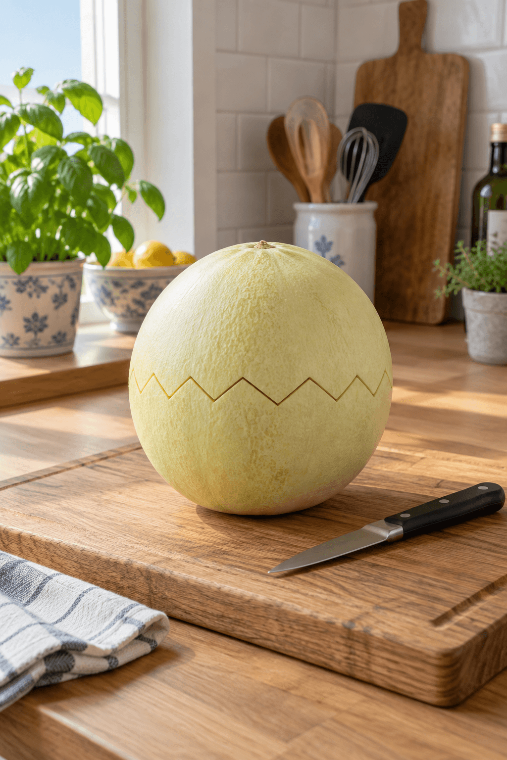 Hel honningmelon med sammenhængende zigzagsnit på ét bræt og én lille kniv