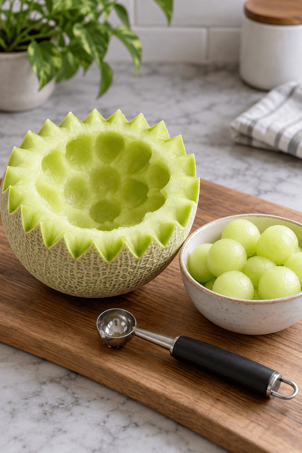 Én udhulet zigzagskåret melonhalvdel med melonperler i én lille skål og kuglejern