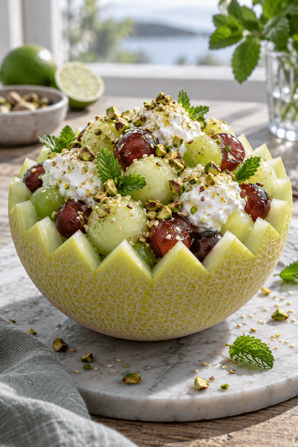 Én zigzagskåret melonskål med druer, melonperler, kokos-skyr og pistacieknas