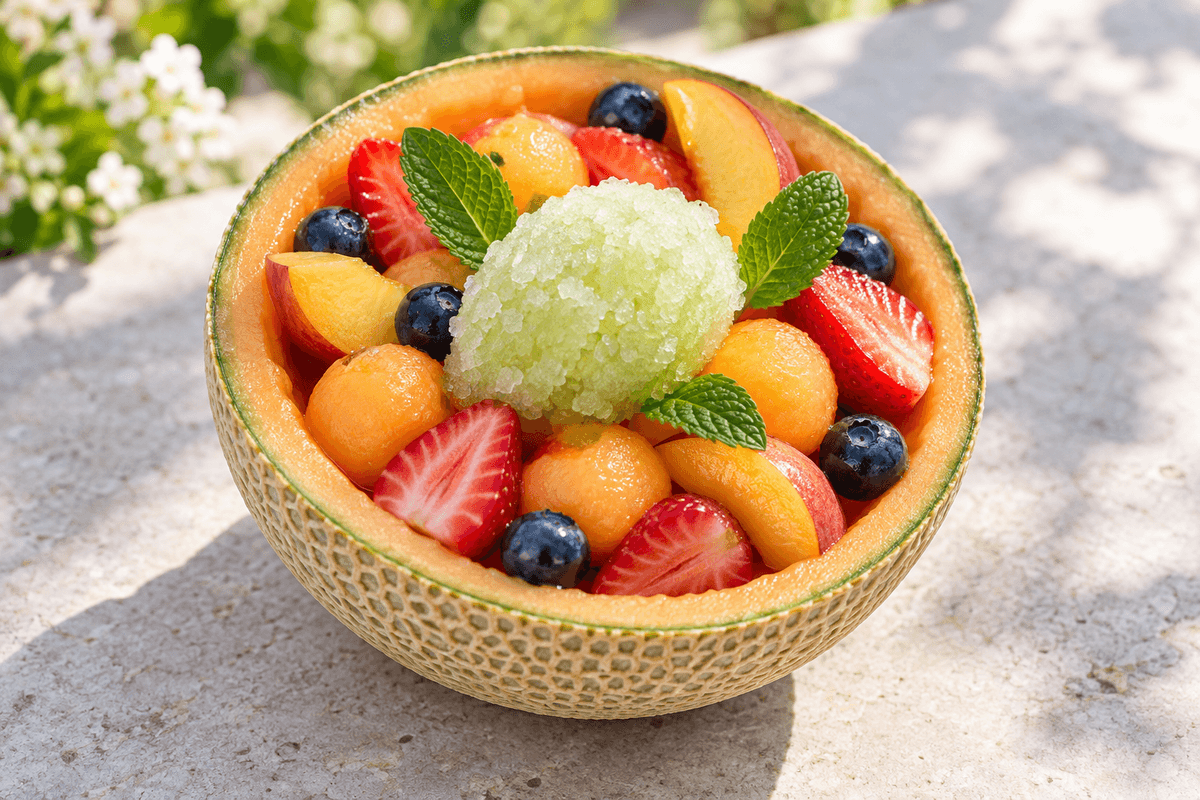 Én cantaloupeskål med melon, jordbær, fersken, blåbær og én lime-myntegranité