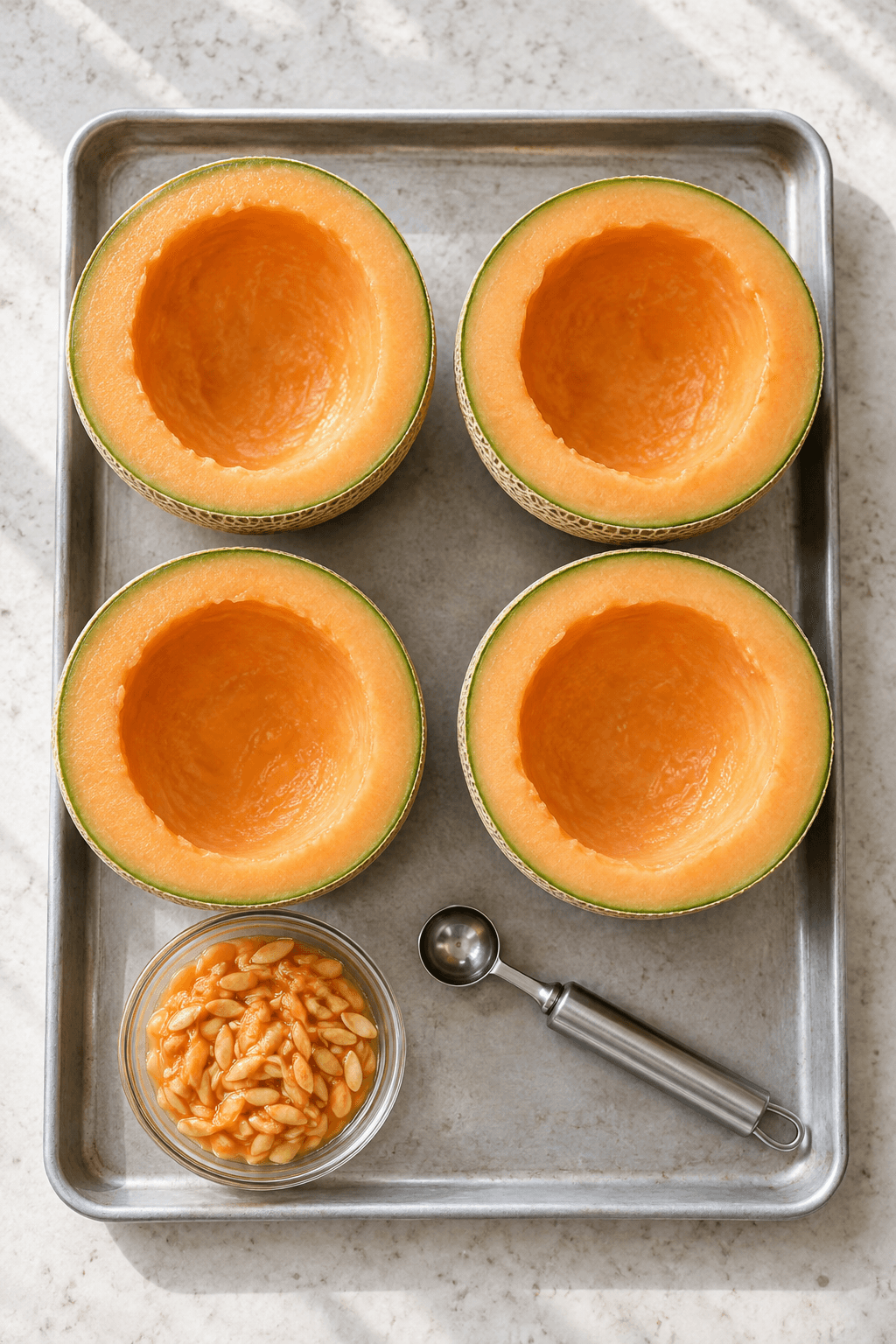 Fire udhulede cantaloupehalvdele på én bakke med ét melonjern og én kerneskål