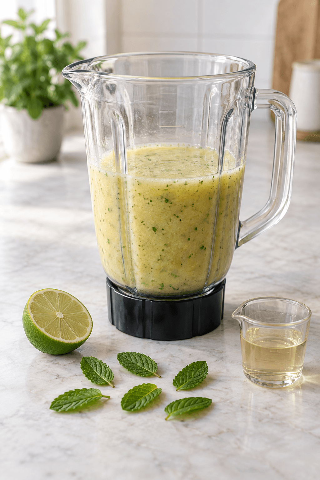 Melon-limepuré med mynte i én blenderkande ved en halv lime og seks mynteblade
