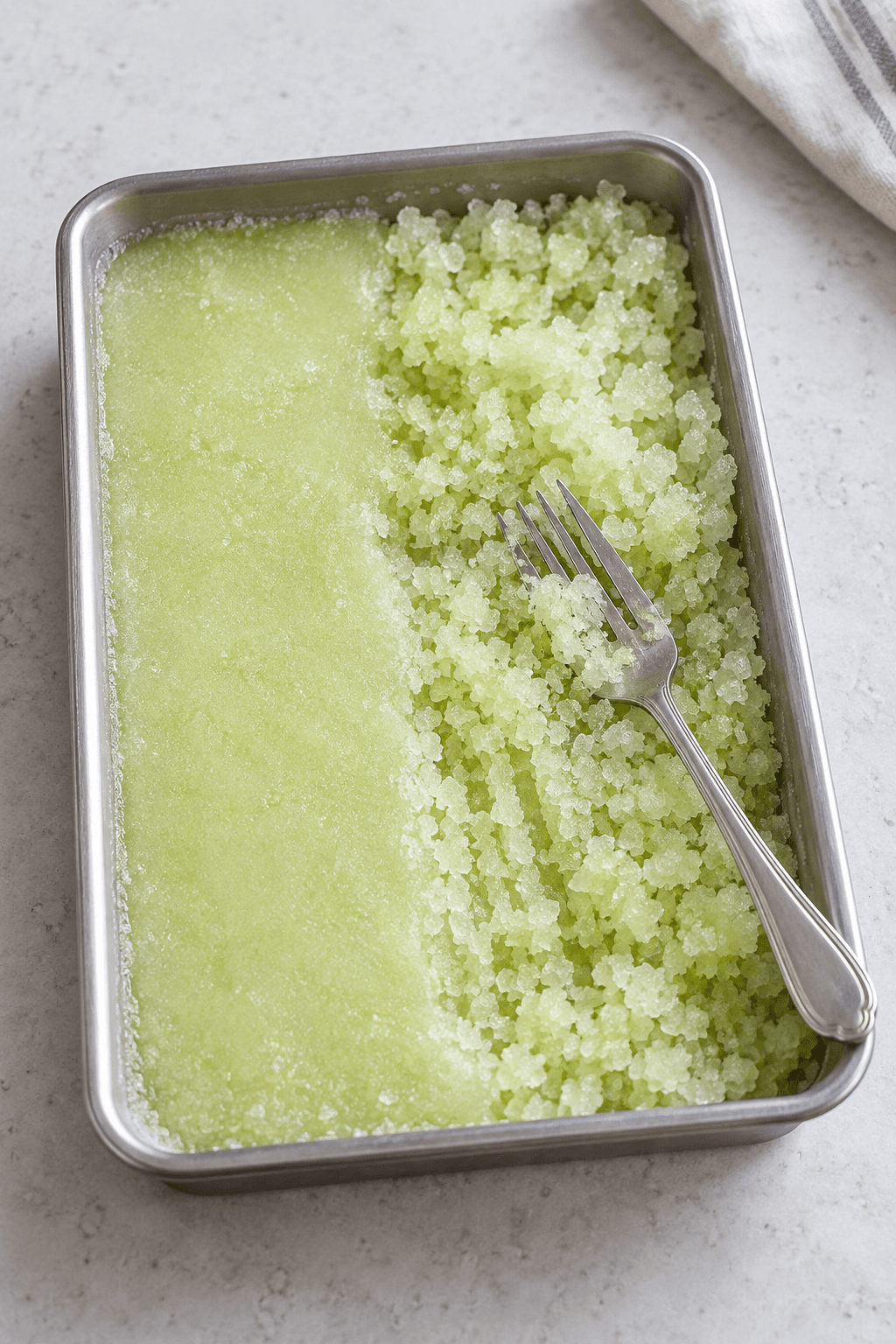 Halvt glat og halvt skrabet melon-limegranité i én metalbakke med én gaffel