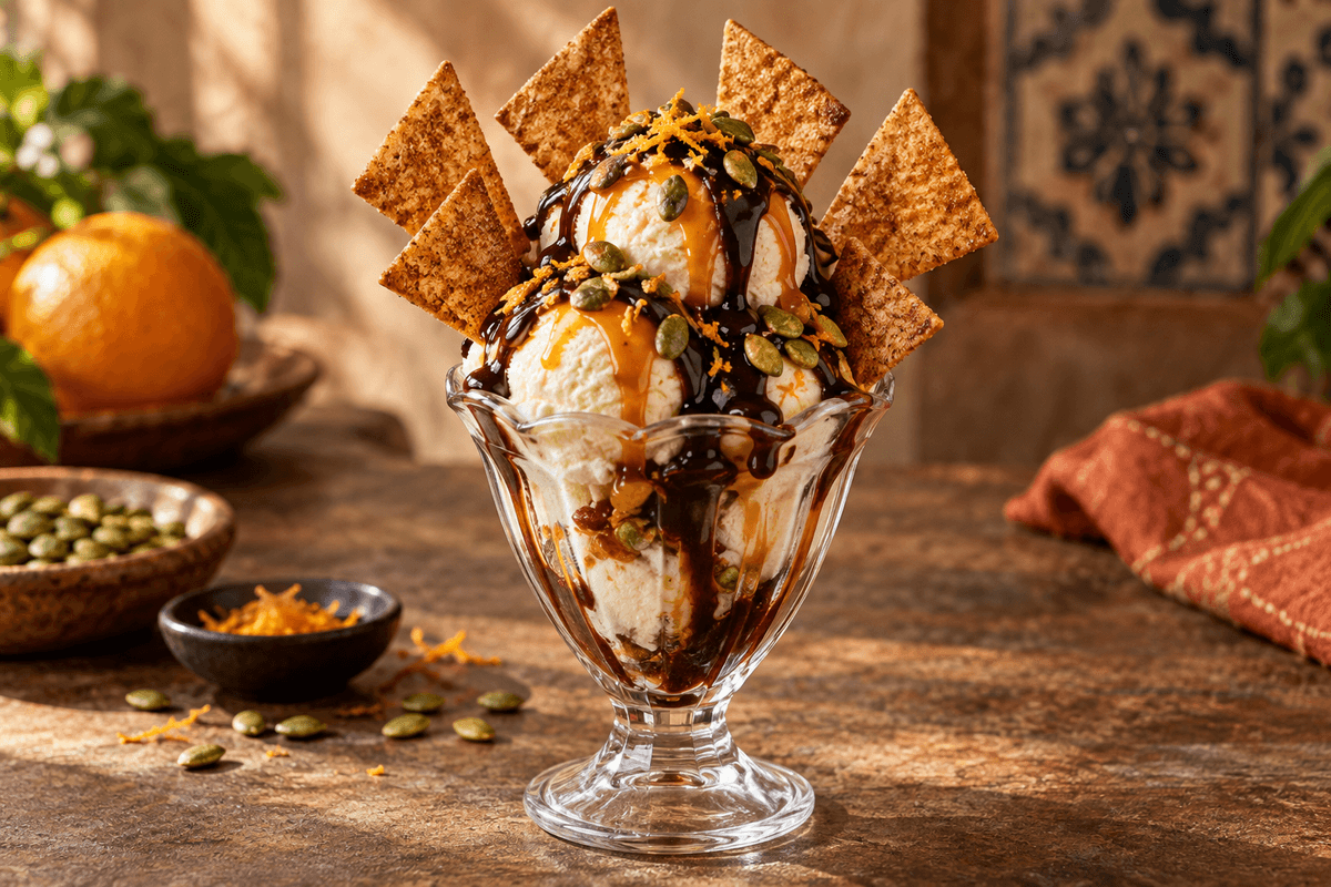 Mexicansk-inspireret vaniljesundae med chokolade, appelsinkaramel, seks kanel-majschips og pepitaknas