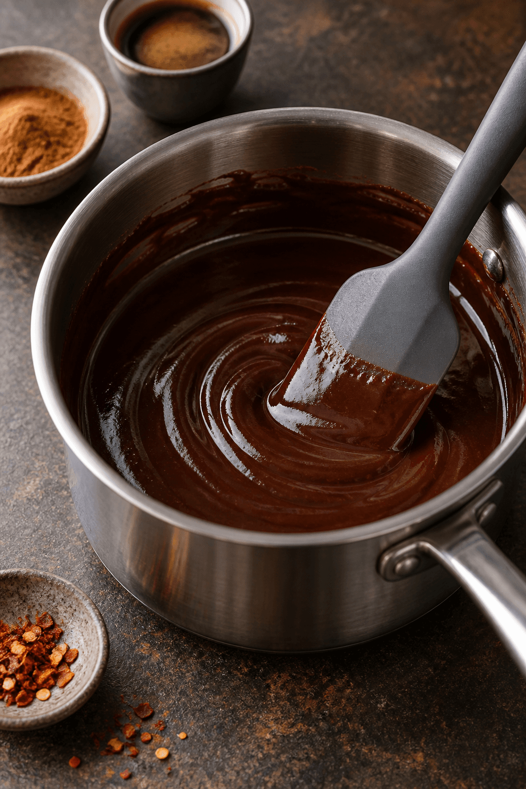 Blank mørk mole-inspireret chokoladesauce røres i én gryde