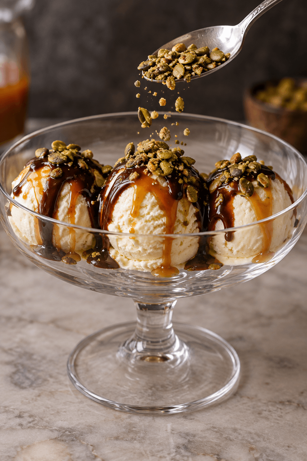 Tre vaniljeiskugler med chokolade, appelsinkaramel og pepitaknas i én dessertcoupe