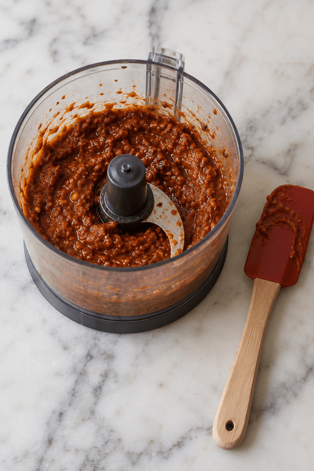 Grov soltørret tomat-citrondressing i én foodprocessor med én dejskraber
