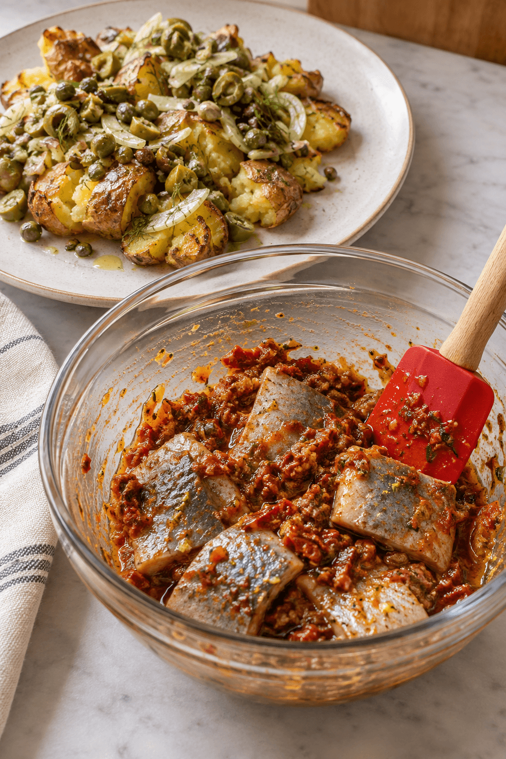 Sildebidder vendes i soltørret tomatdressing ved siden af sprøde kartofler og relish