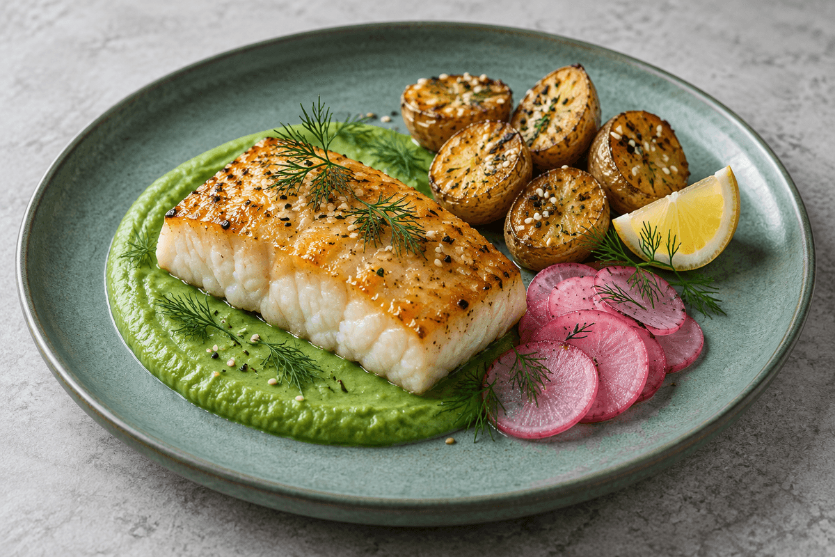 Misobagt hellefisk med edamame-spinatcreme, sesamkartofler og syltede radiser