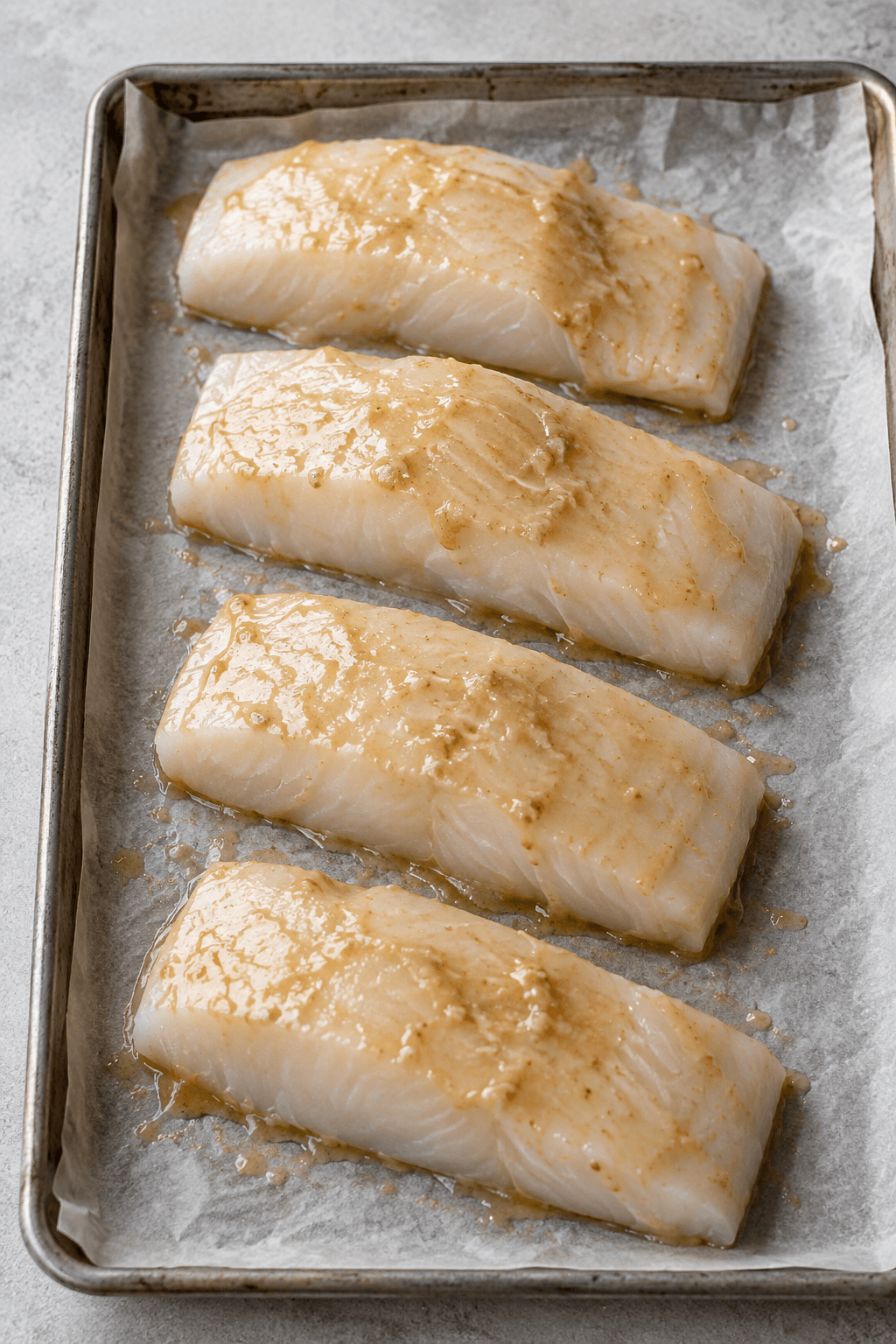Fire rå hellefiskefileter med lys miso-citronglaze på én bageplade
