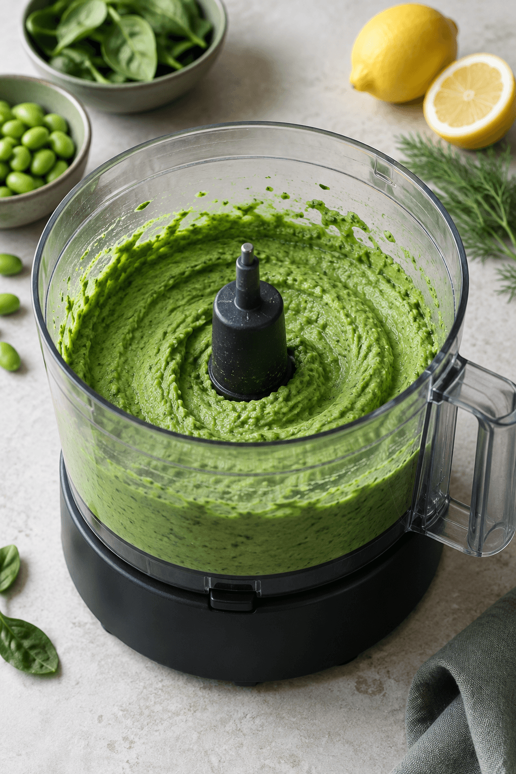 Grøn edamame-spinatcreme i én foodprocessor